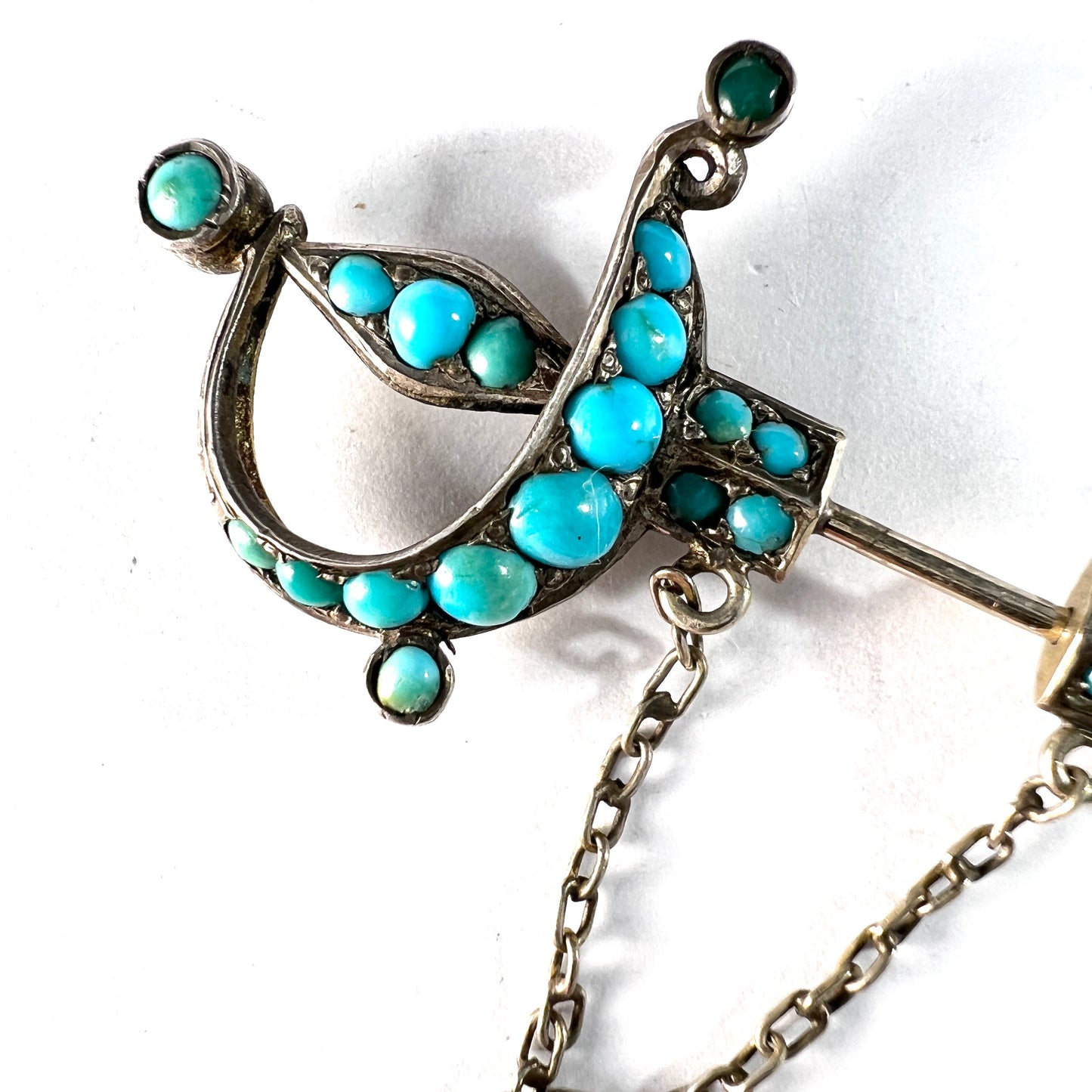 Antique Metal Turquoise Sword Jabot Pin