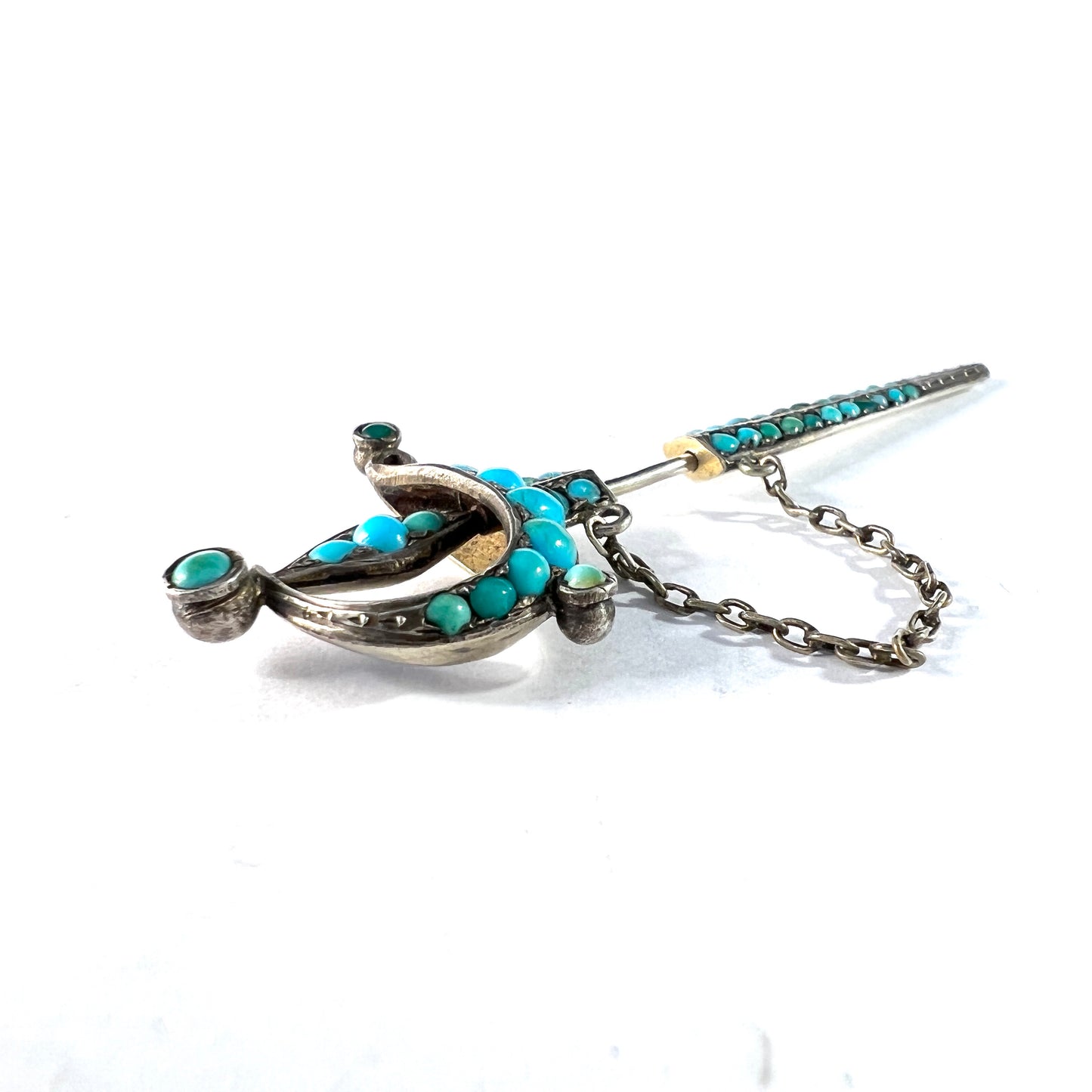 Antique Metal Turquoise Sword Jabot Pin