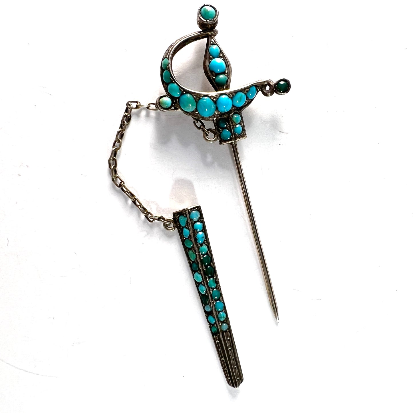 Antique Metal Turquoise Sword Jabot Pin