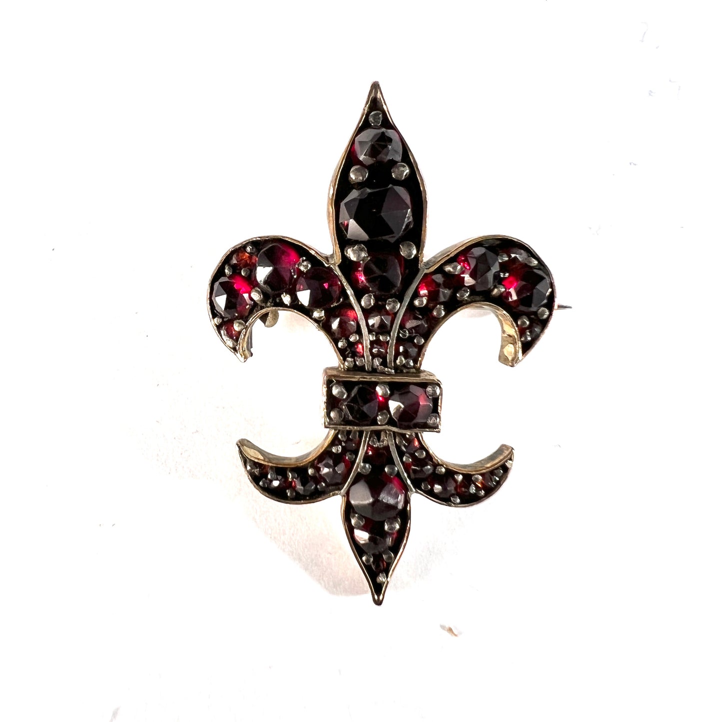 Antique Victorian Bohemian Garnet Gilt Metal Fleur-de-lis Brooch.