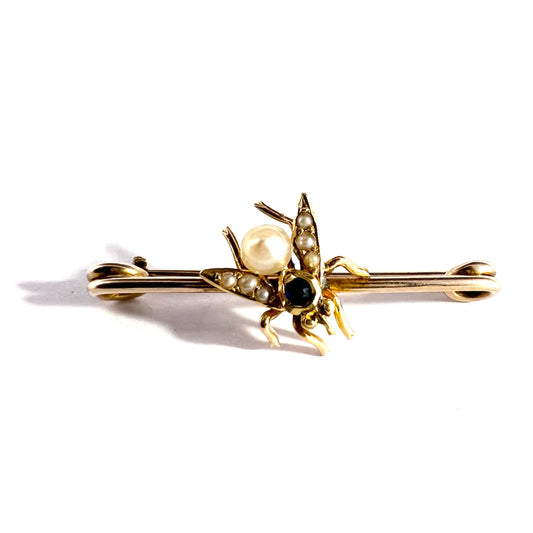 アンティーク エドワード朝 10-12k ゴールド サファイア パール フライ セーフティ ピン