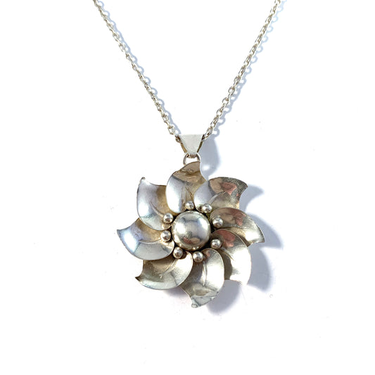 Mohlins, Sweden year 1948. Mid Century Sterling Silver Flower Pendant Necklace.