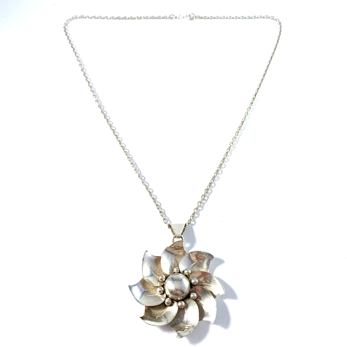 Mohlins, Sweden year 1948. Mid Century Sterling Silver Flower Pendant Necklace.