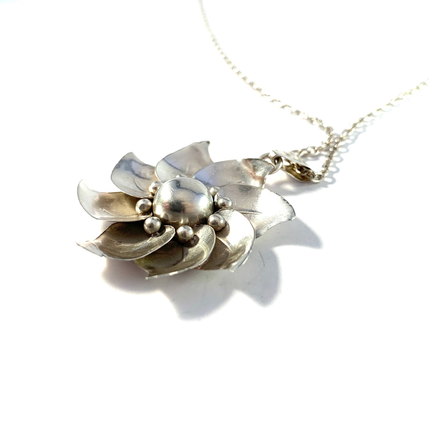 Mohlins, Sweden year 1948. Mid Century Sterling Silver Flower Pendant Necklace.