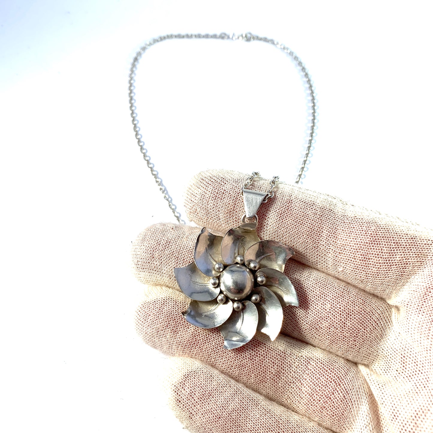 Mohlins, Sweden year 1948. Mid Century Sterling Silver Flower Pendant Necklace.