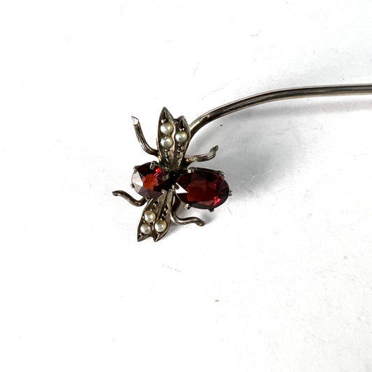Sweden. Antique Victorian Solid Silver Garnet Seed Pearl Insect Pin.