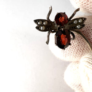 Sweden. Antique Victorian Solid Silver Garnet Seed Pearl Insect Pin.
