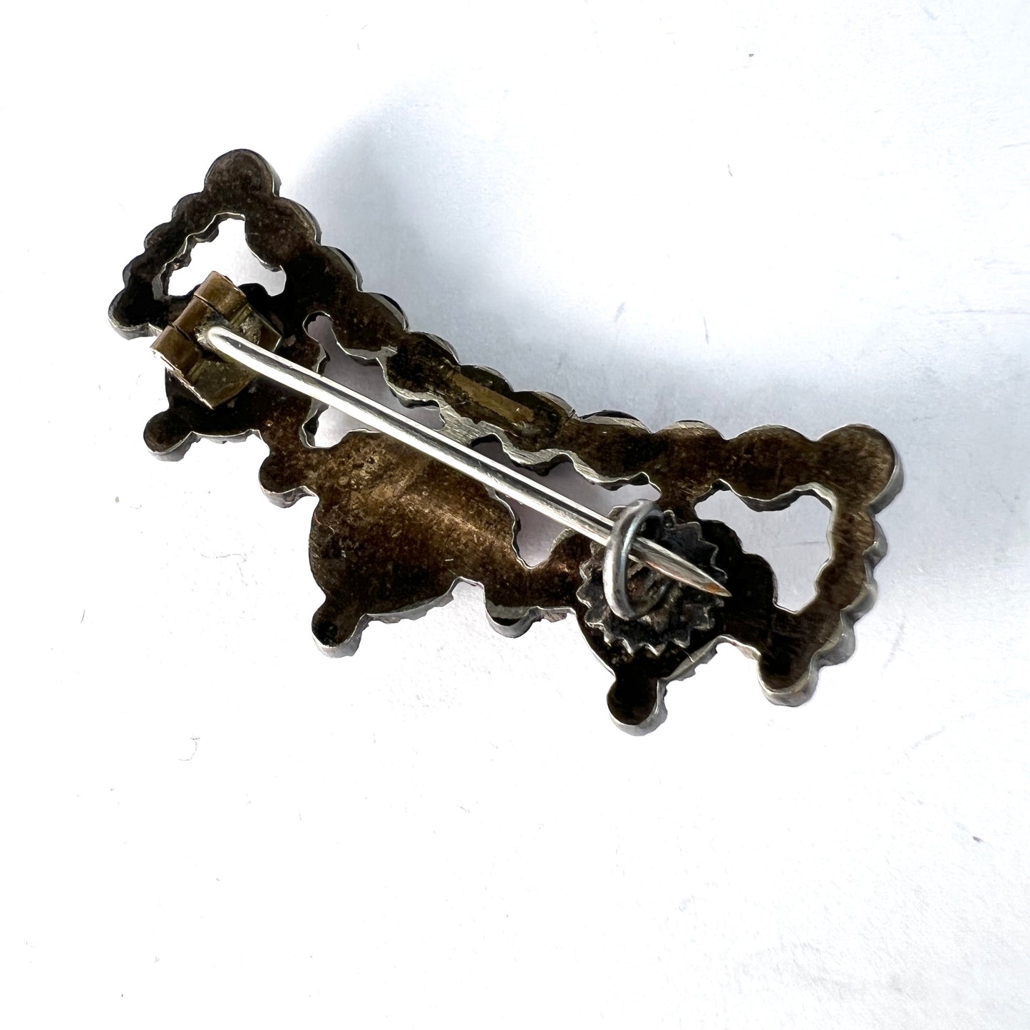 Antique Victorian Bohemian Garnet Gilt Silver Brooch Pin.