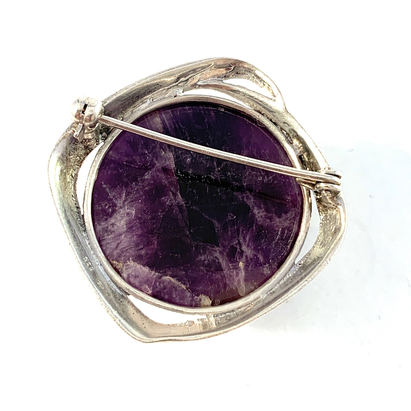 Vintage Swedish Import 1960s Solid 835 Silver Amethyst Brooch.