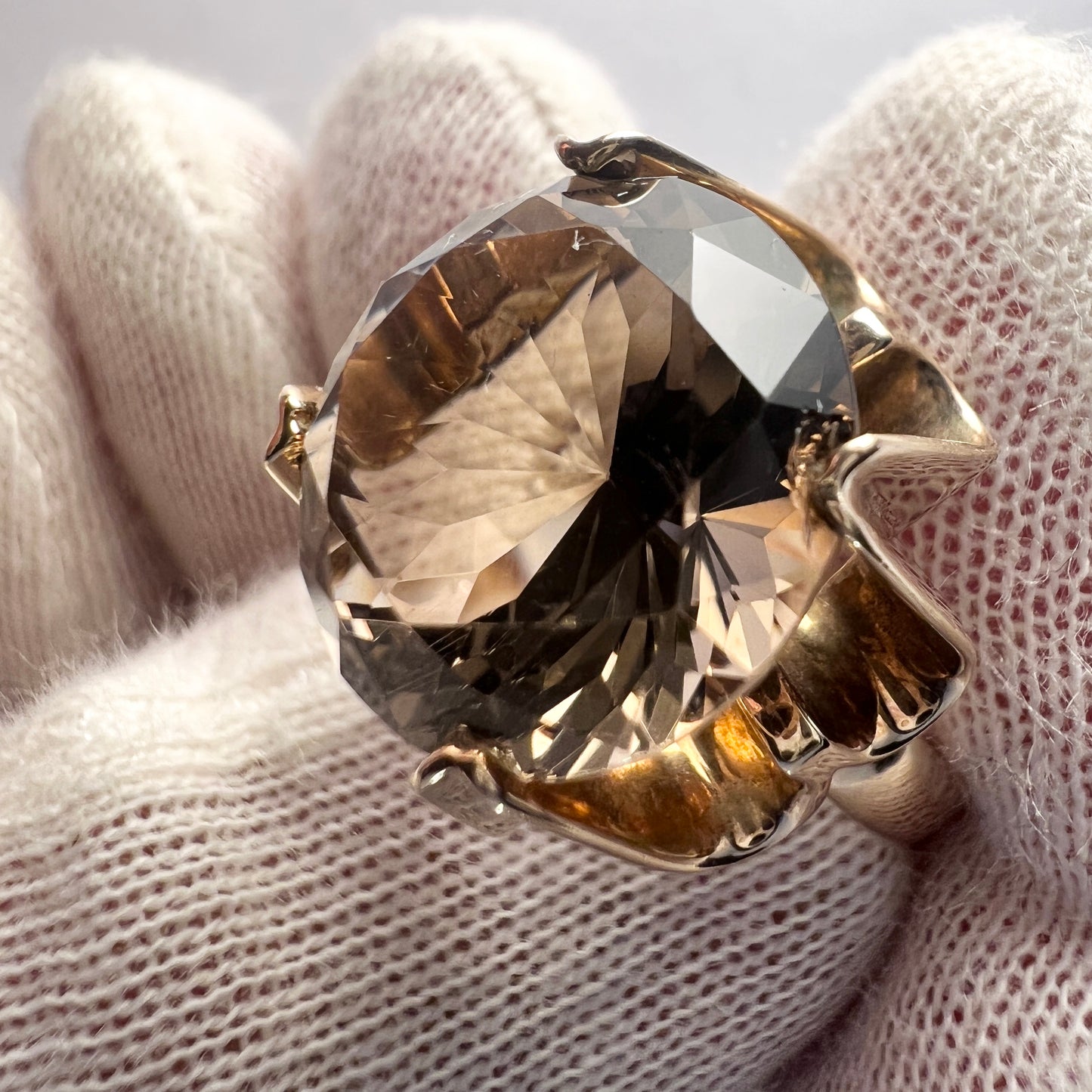 Vintage Mid Century 18k Gold Smoky Quartz Cocktail Ring