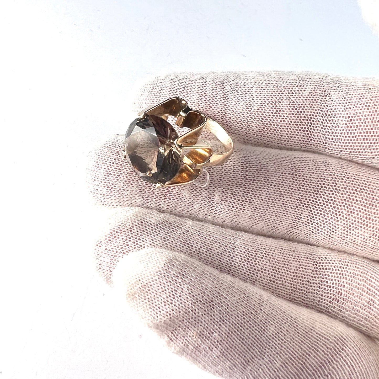 Vintage Mid Century 18k Gold Smoky Quartz Cocktail Ring