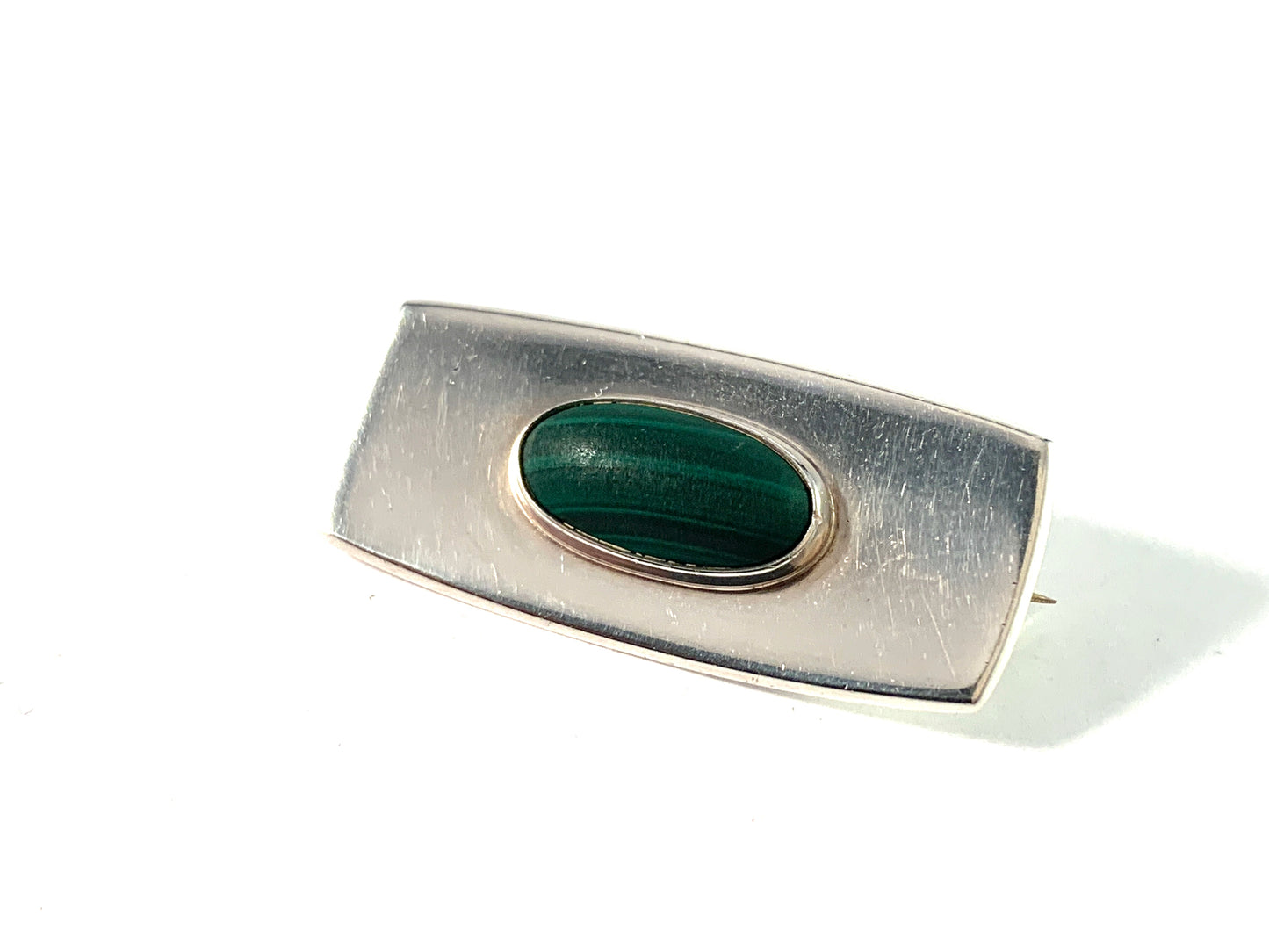 J Sandin, Sweden year 1956. Sterling Silver Malachite Brooch. Signed