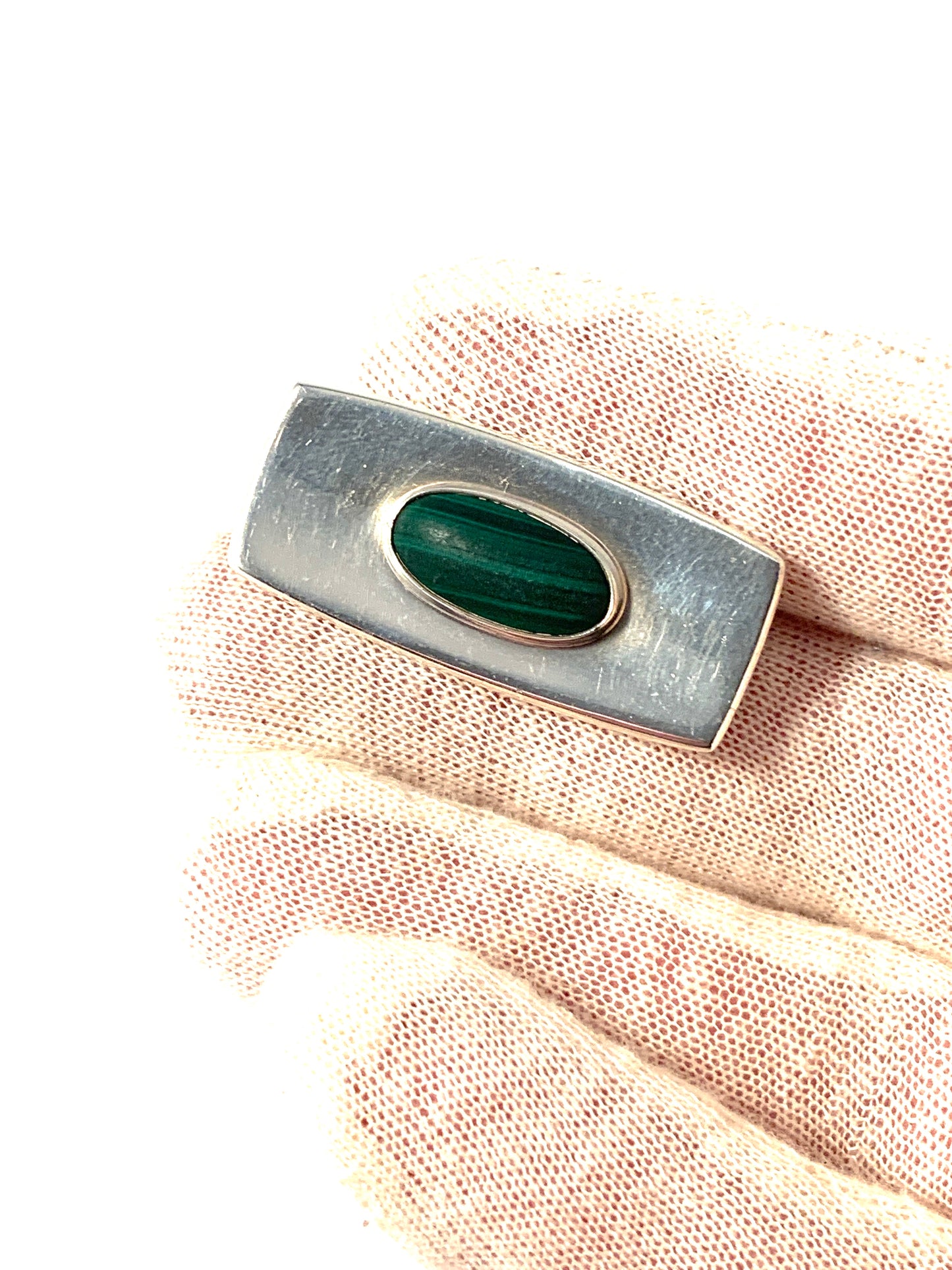 J Sandin, Sweden year 1956. Sterling Silver Malachite Brooch. Signed