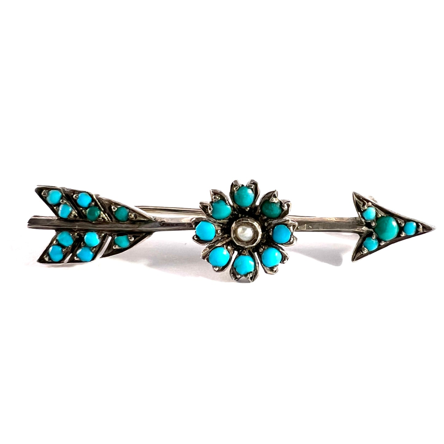 Antique Victorian Solid Silver Turquoise Seed Pearl Arrow Pin.