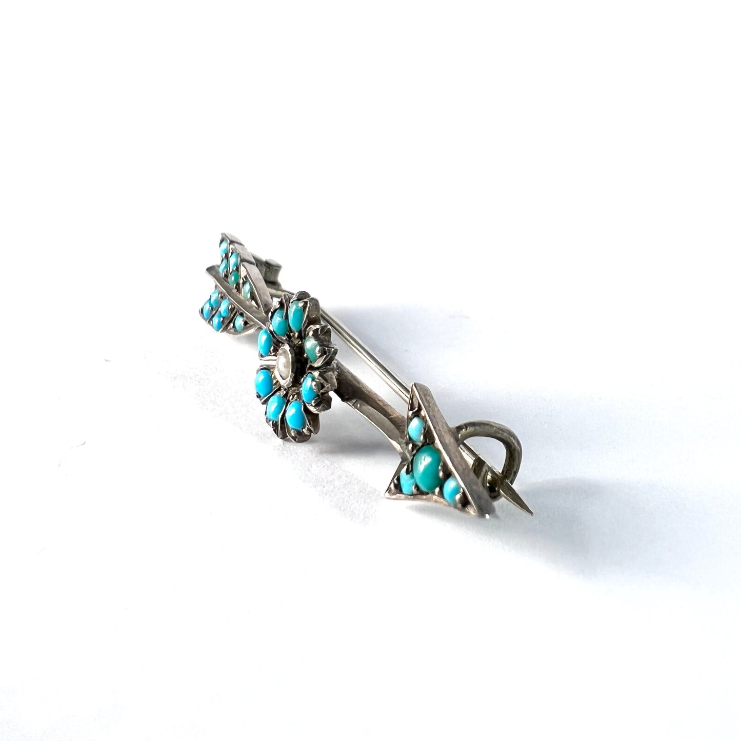 Antique Victorian Solid Silver Turquoise Seed Pearl Arrow Pin.