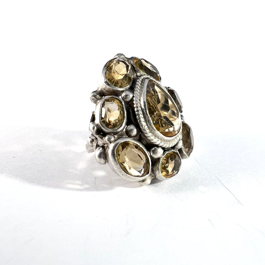 Antique Arts & Crafts Era Sterling Silver Citrine Cluster Ring.