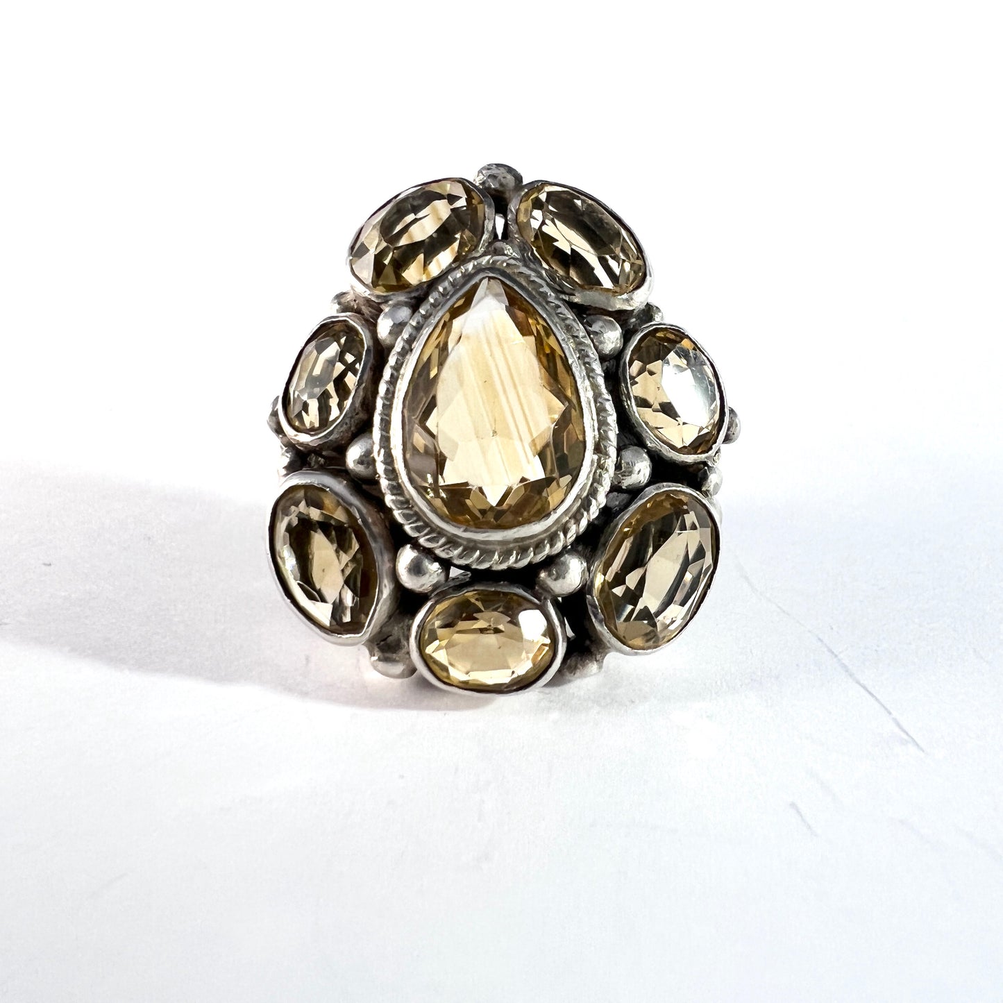 Antique Arts & Crafts Era Sterling Silver Citrine Cluster Ring.