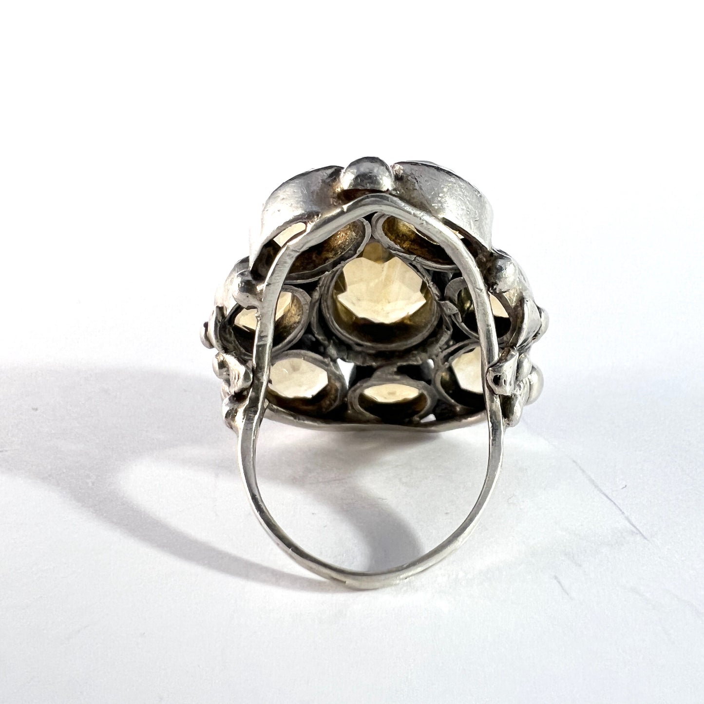 Antique Arts & Crafts Era Sterling Silver Citrine Cluster Ring.