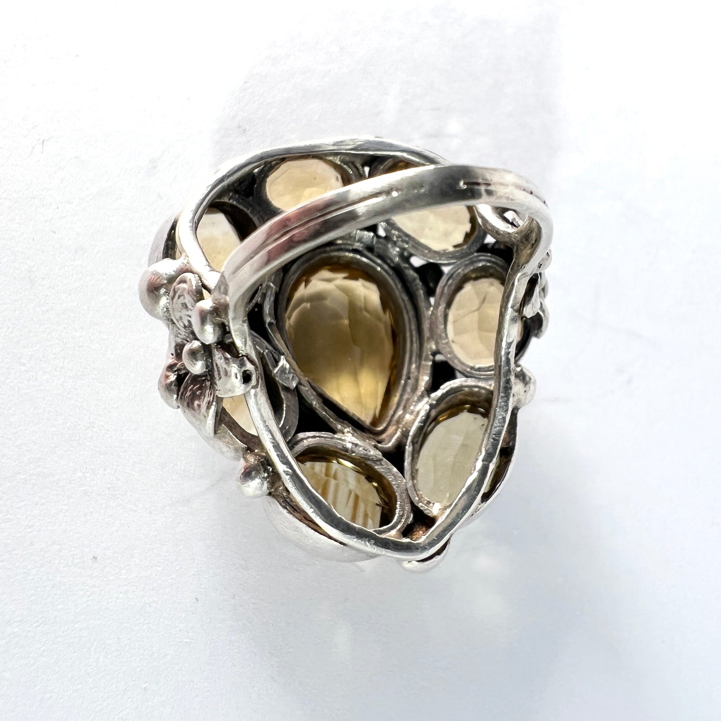 Antique Arts & Crafts Era Sterling Silver Citrine Cluster Ring.