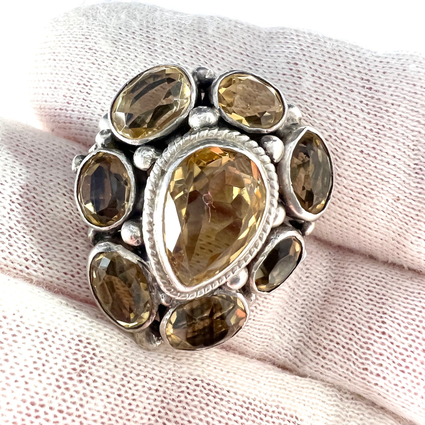 Antique Arts & Crafts Era Sterling Silver Citrine Cluster Ring.