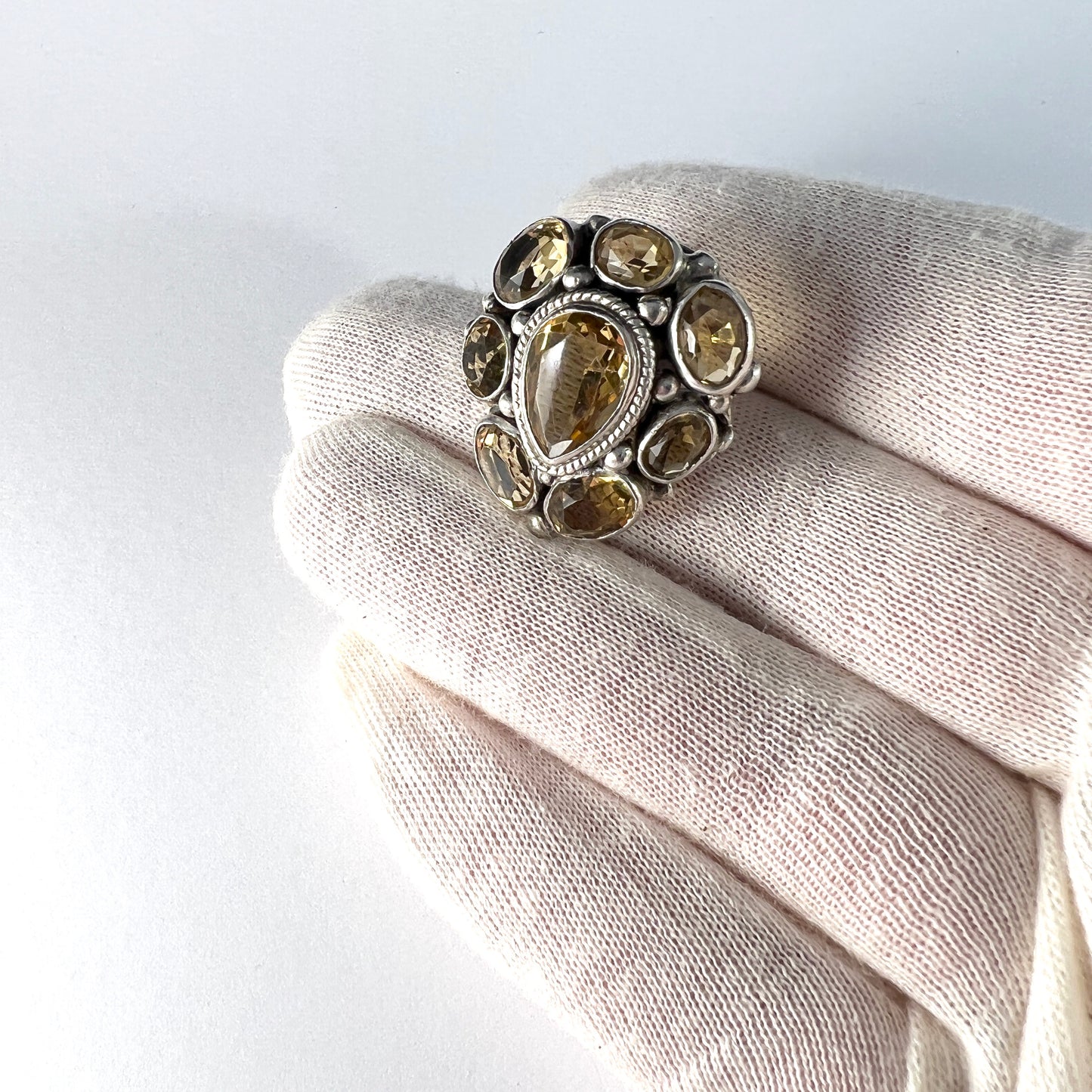 Antique Arts & Crafts Era Sterling Silver Citrine Cluster Ring.