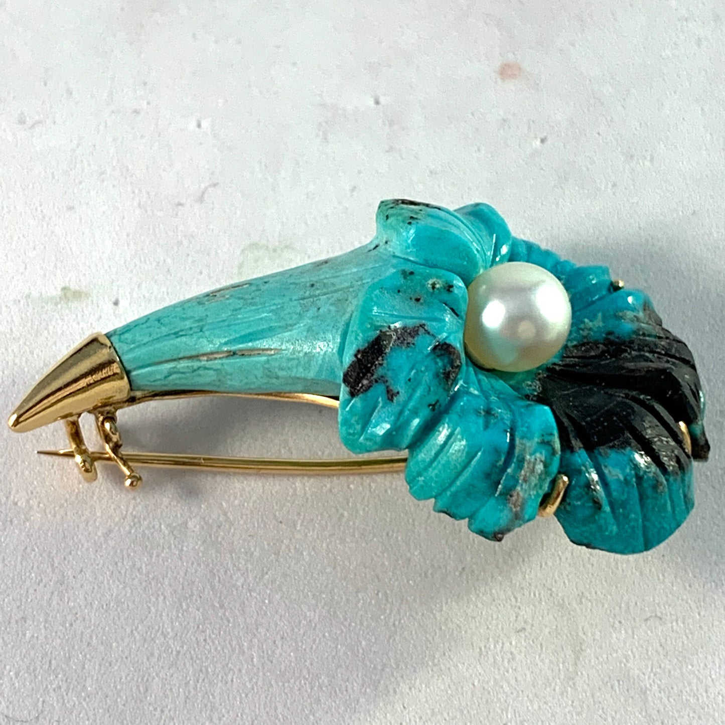 M Elmblad Stockholm 1956 Mid Century 18k Gold Carved Turquoise Pearl Flower Brooch.