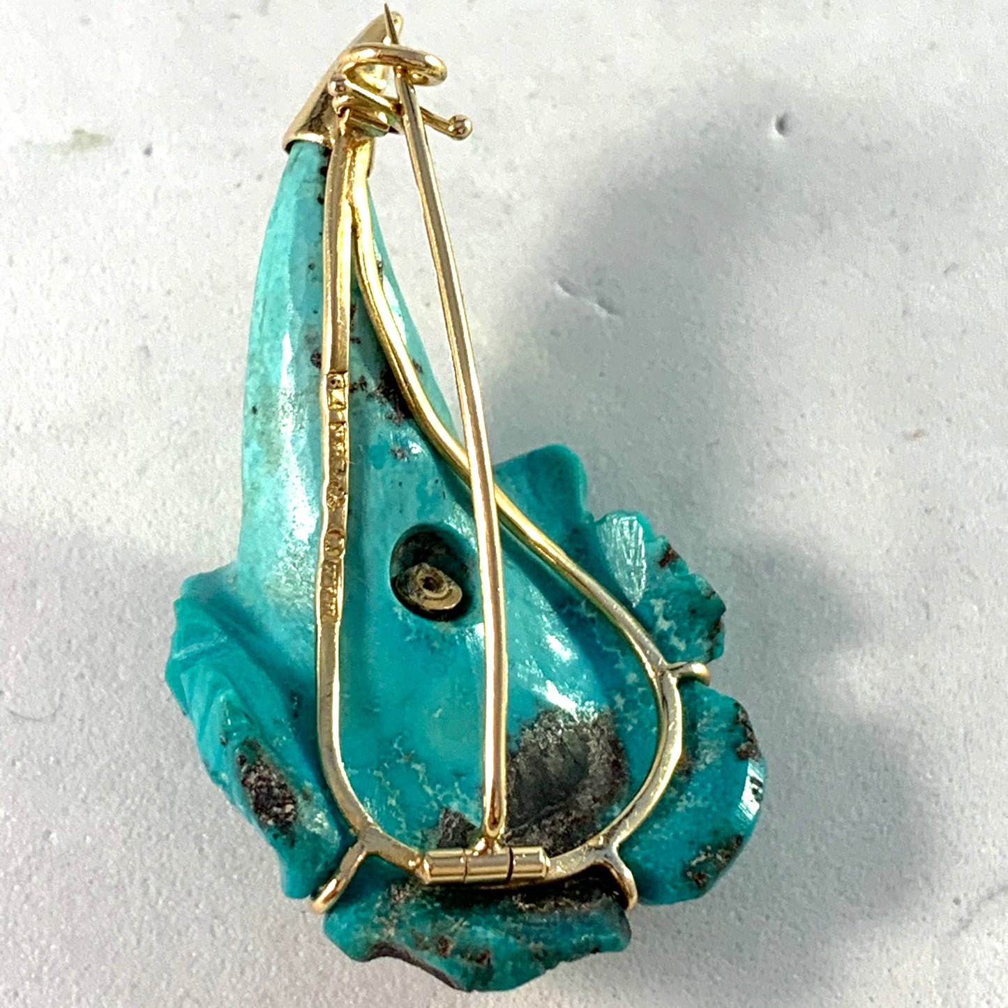 M Elmblad Stockholm 1956 Mid Century 18k Gold Carved Turquoise Pearl Flower Brooch.