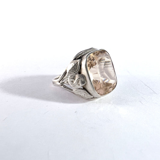 Antique Art Nouveau Sterling Silver Peach Paste Stone Ring.