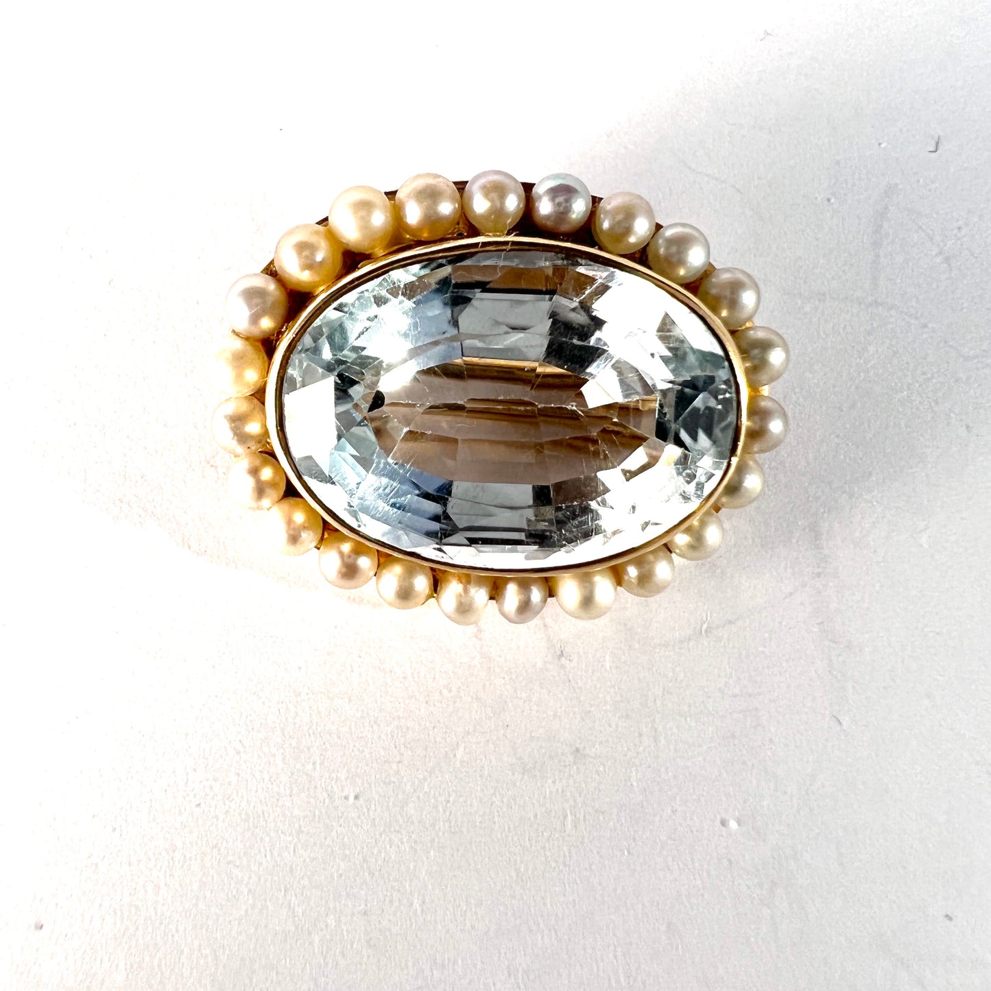 Antique Early 1900s Aquamarine Seed Pearl 14k Gold Brooch.