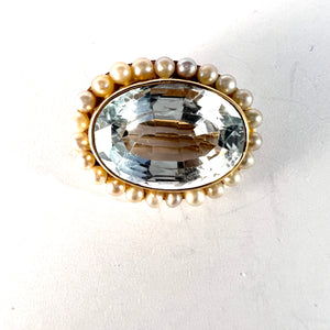 Antique Early 1900s Aquamarine Seed Pearl 14k Gold Brooch.