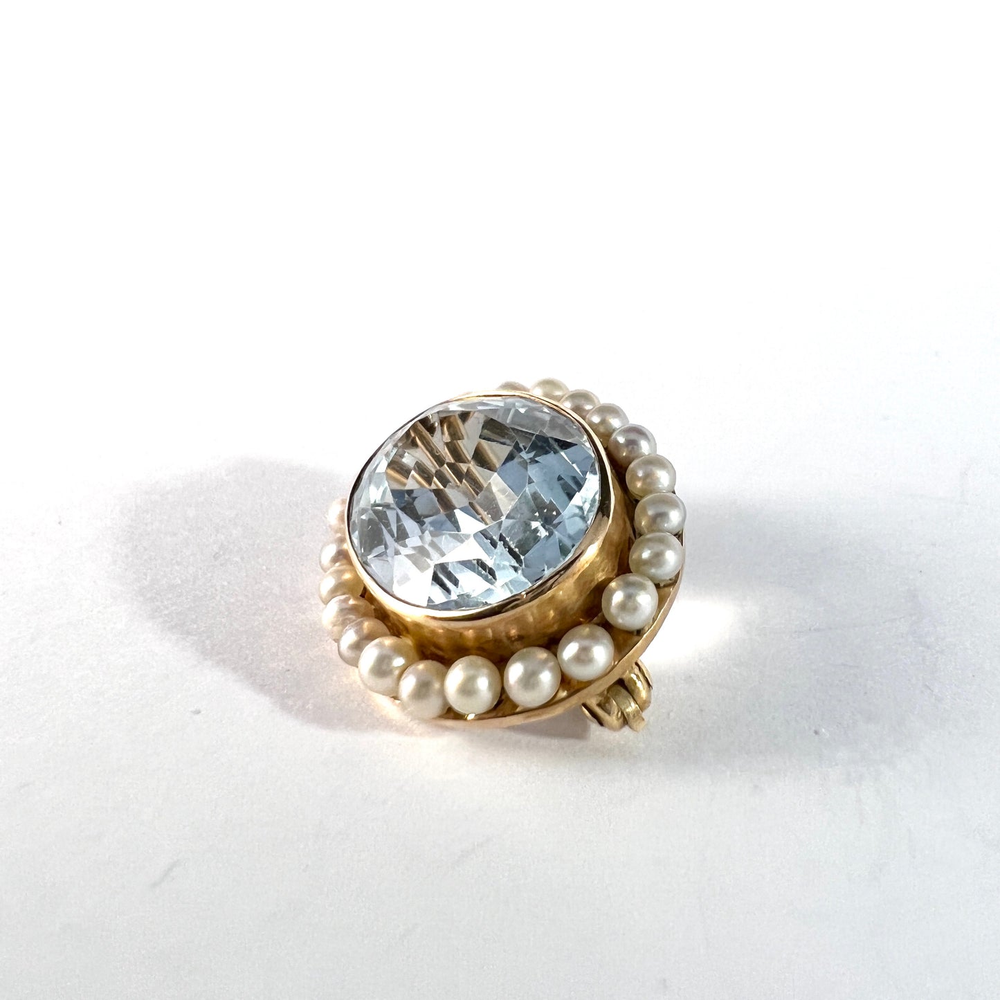 Antique Early 1900s Aquamarine Seed Pearl 14k Gold Brooch.