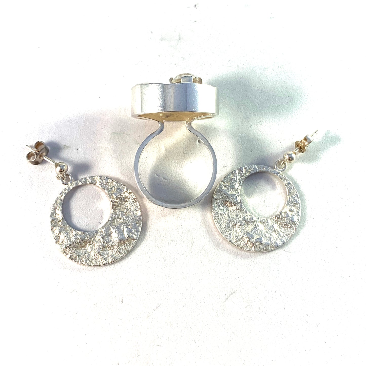 Ceson, Sweden 1969 Space Age Sterling Silver Rock Crystal Ring and Earrings.