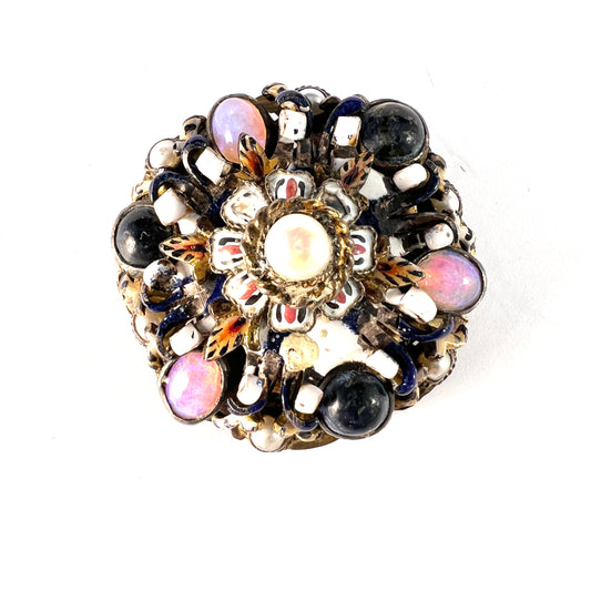 Austro-Hungarian Vintage Early 1900s Vermeil Enamel Opal Pearl Brooch Pin.