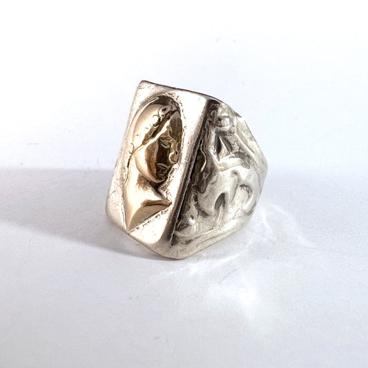 Vintage or Antique Sterling Silver Female Portrait Dragon Shoulders Men's Ring.