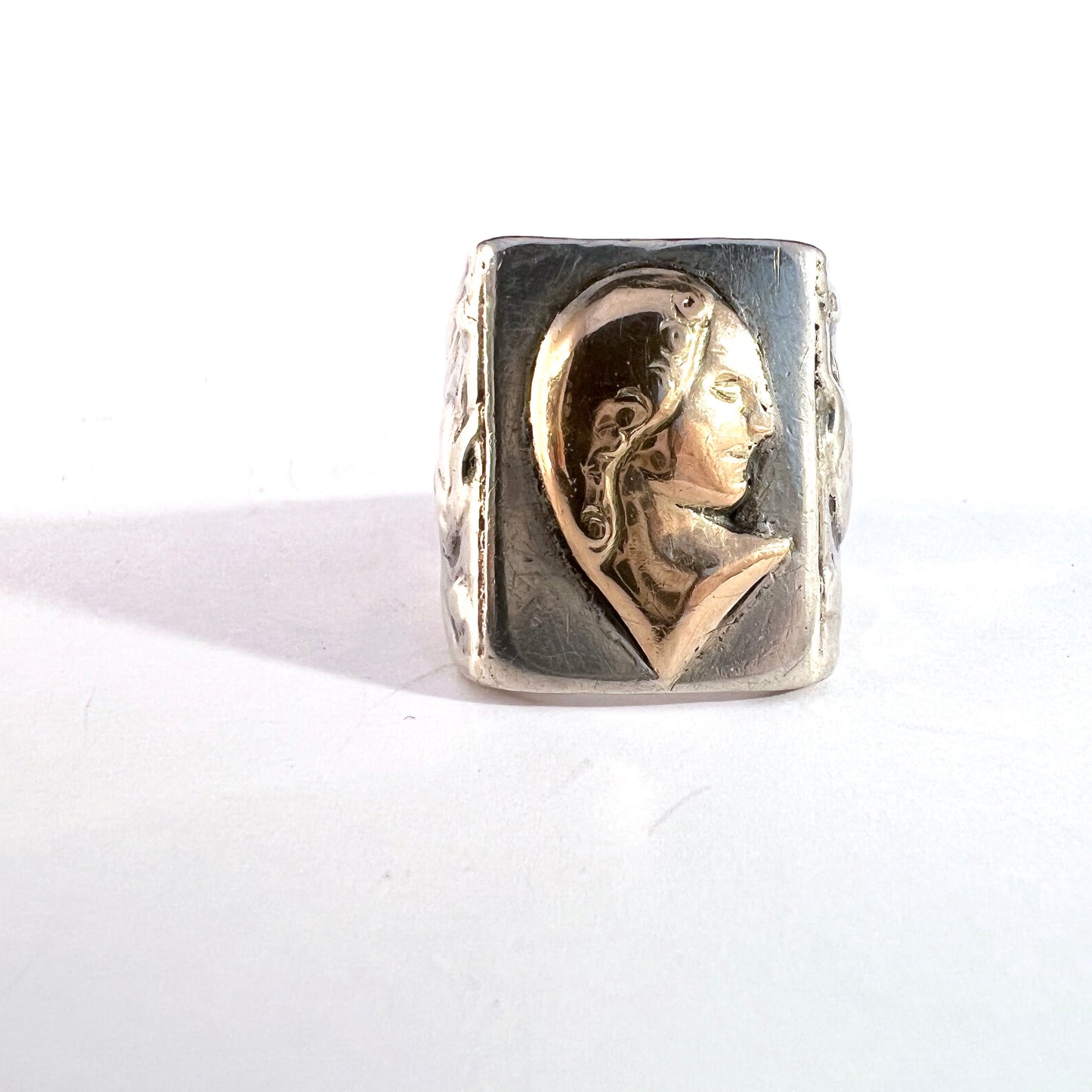 Vintage or Antique Sterling Silver Female Portrait Dragon Shoulders Men's Ring.