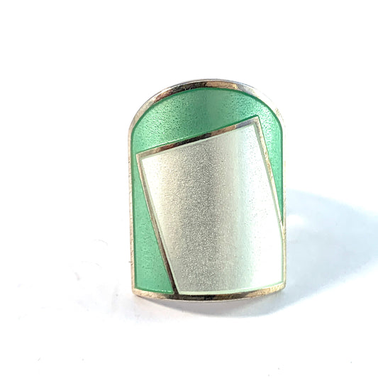 David-Andersen, design Millie Behrens, Norway Bold Sterling Silver Green and White Enamel Vintage ring