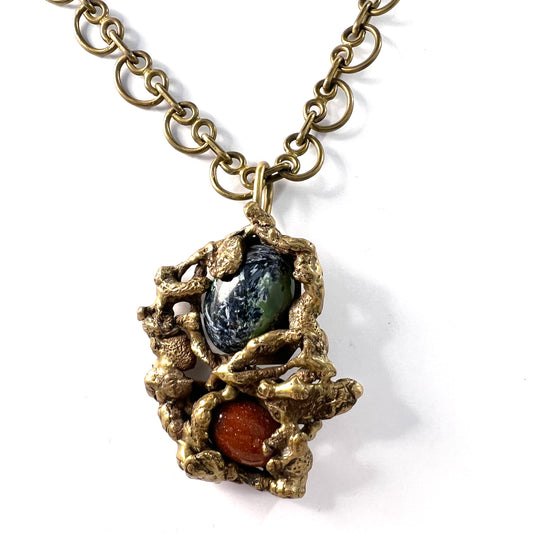 Luciano, Mexico. Vintage Brutalist Bronze Art Glass Pendant Necklace.