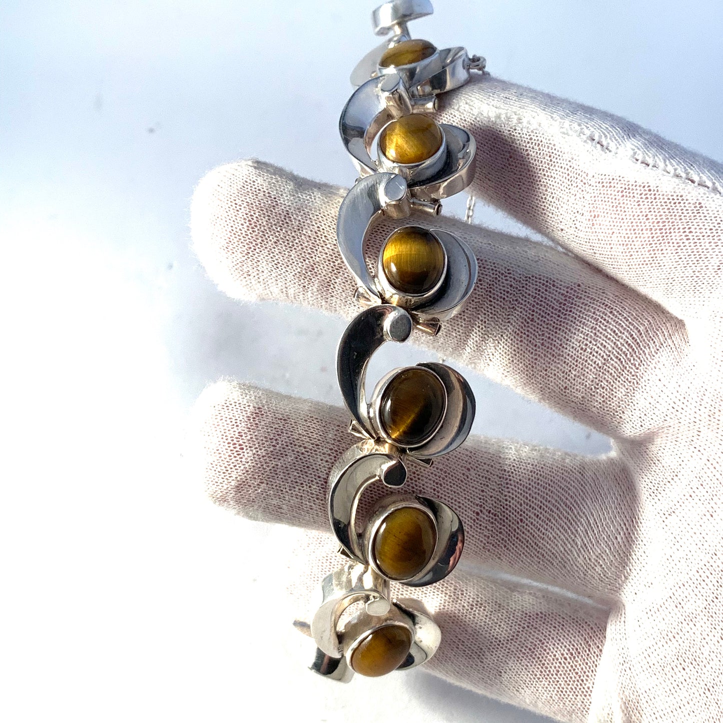 Antonio Pineda, Mexico 1960s Massive 3.7oz Sterling 970 Silver Tiger Eye Bracelet.