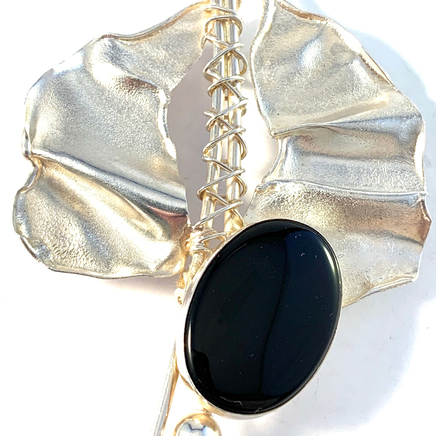 Avi Soffer, Israel Vintage Modernist Solid Silver Onyx Large Brooch Pendant. Signed