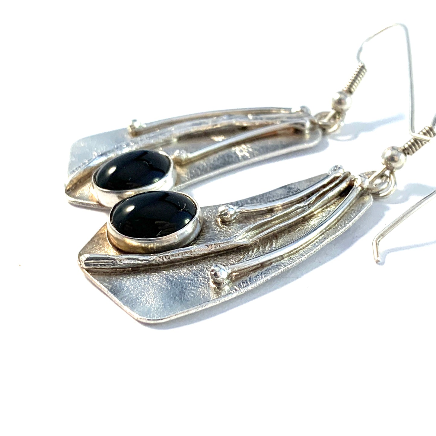 Avi Soffer, Israel Vintage Modernist Solid Silver Onyx  Large Pair of Earrings. Signed