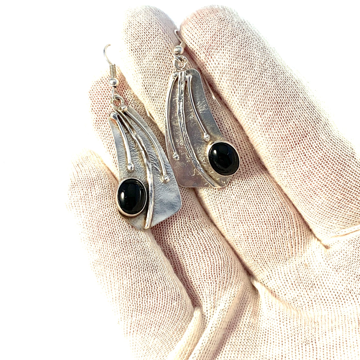 Avi Soffer, Israel Vintage Modernist Solid Silver Onyx  Large Pair of Earrings. Signed