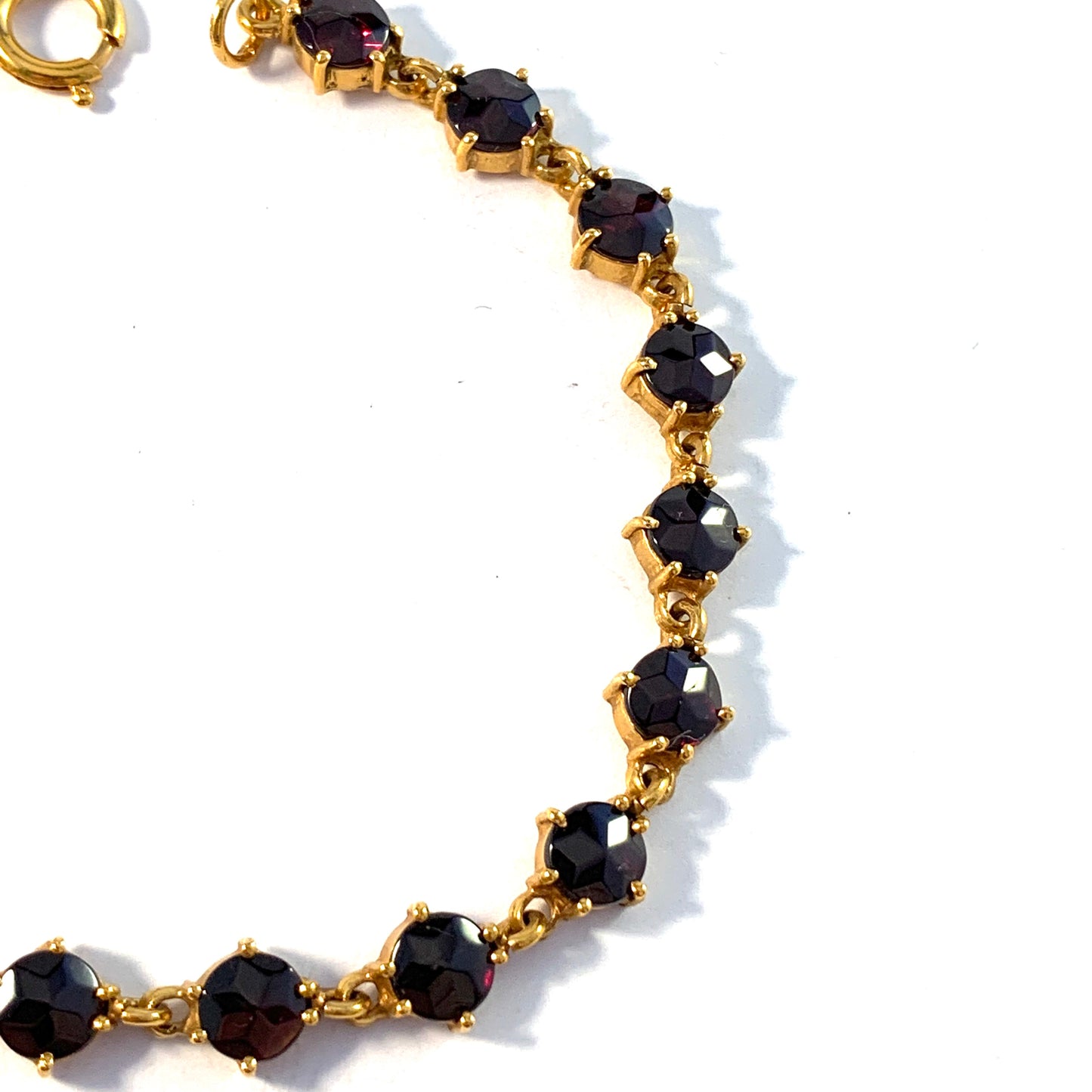 Vintage Mid Century Bohemian Garnet Yellow Metal Bracelet.