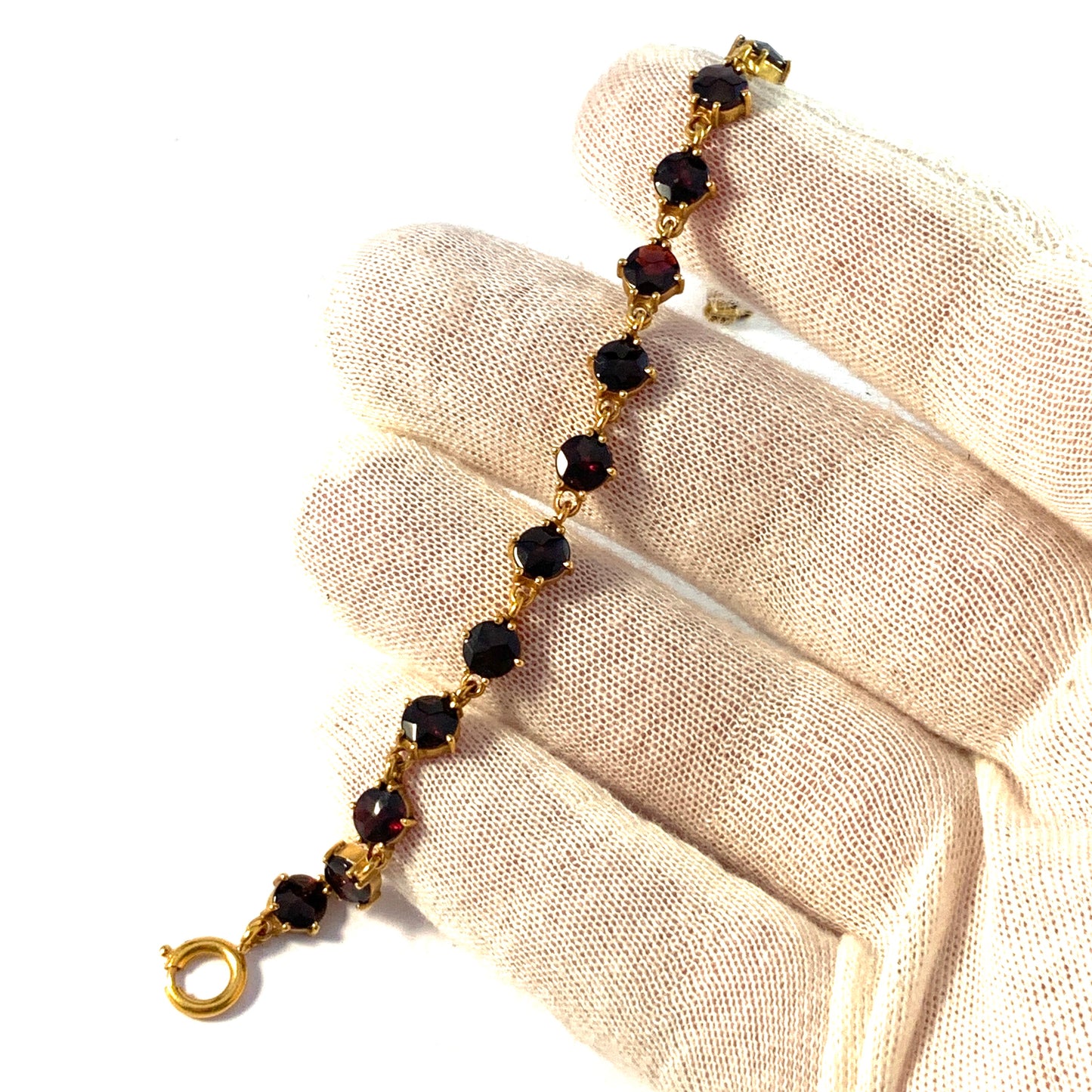 Vintage Mid Century Bohemian Garnet Yellow Metal Bracelet.