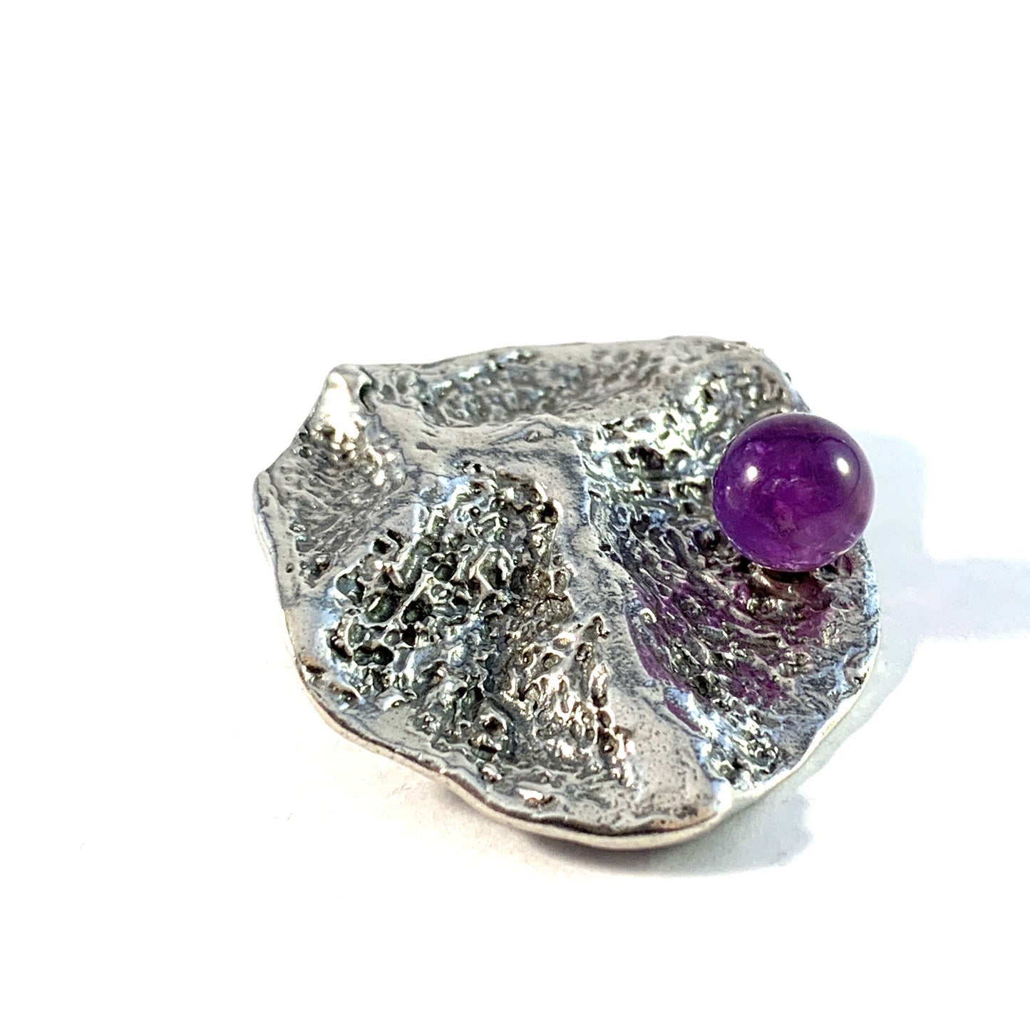 Heribert Engelbert, Stockholm 1968. Sterling Silver Amethyst Brooch. (Moon Surface?)