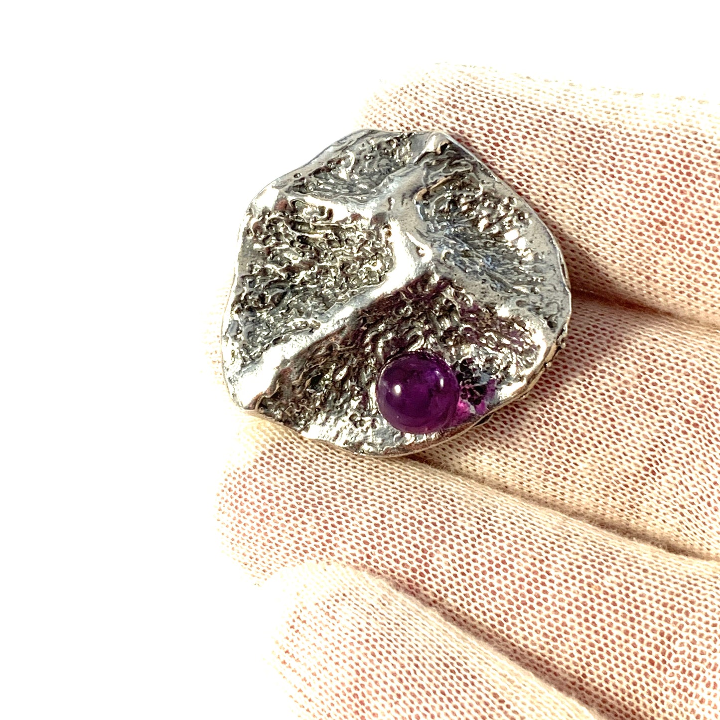 Heribert Engelbert, Stockholm 1968. Sterling Silver Amethyst Brooch. (Moon Surface?)