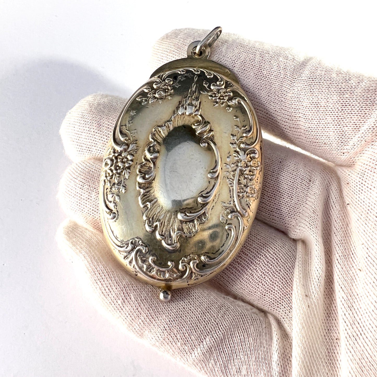 France c 1870s Antique Belle Époque Gilt Silver Large Mirror Pendant.