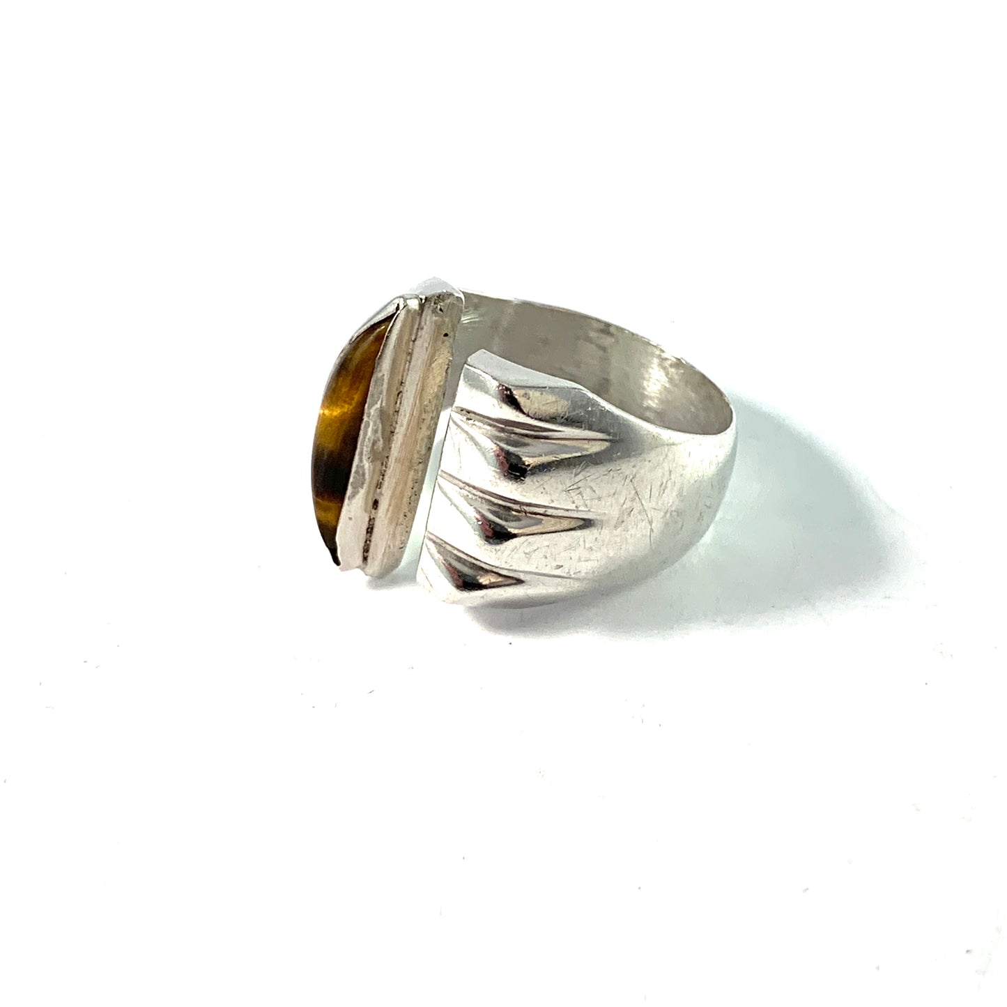 Taxco, Mexico 1950s. Chunky Mid Century Modern Sterling Silver Tiger Eye Men's Ring. Maker's Mark