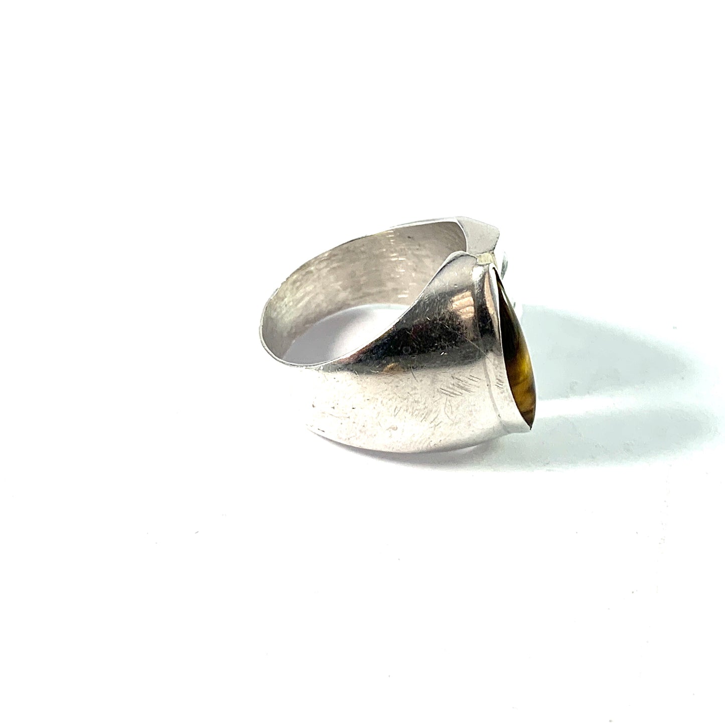 Taxco, Mexico 1950s. Chunky Mid Century Modern Sterling Silver Tiger Eye Men's Ring. Maker's Mark