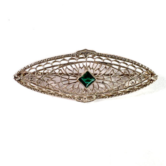 Art deco c 1930 Vintage 10k Gold Green Paste Brooch.