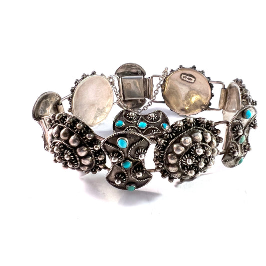 Firenze, Italy 1934-44. Vintage 800 Silver Turquoise Etruscan Revival Bracelet + Brooch